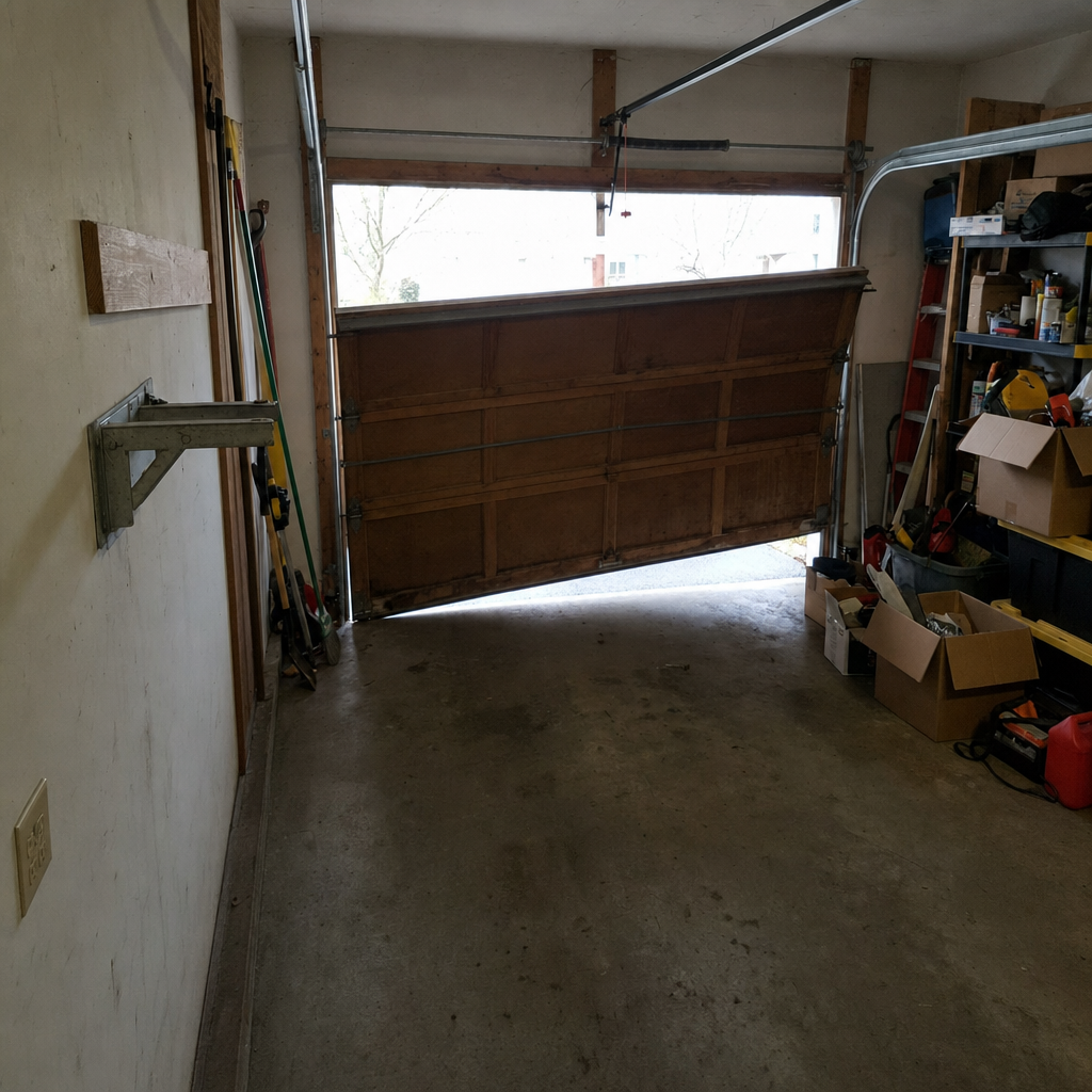 Garage door off track or rails showing derailed garage door system