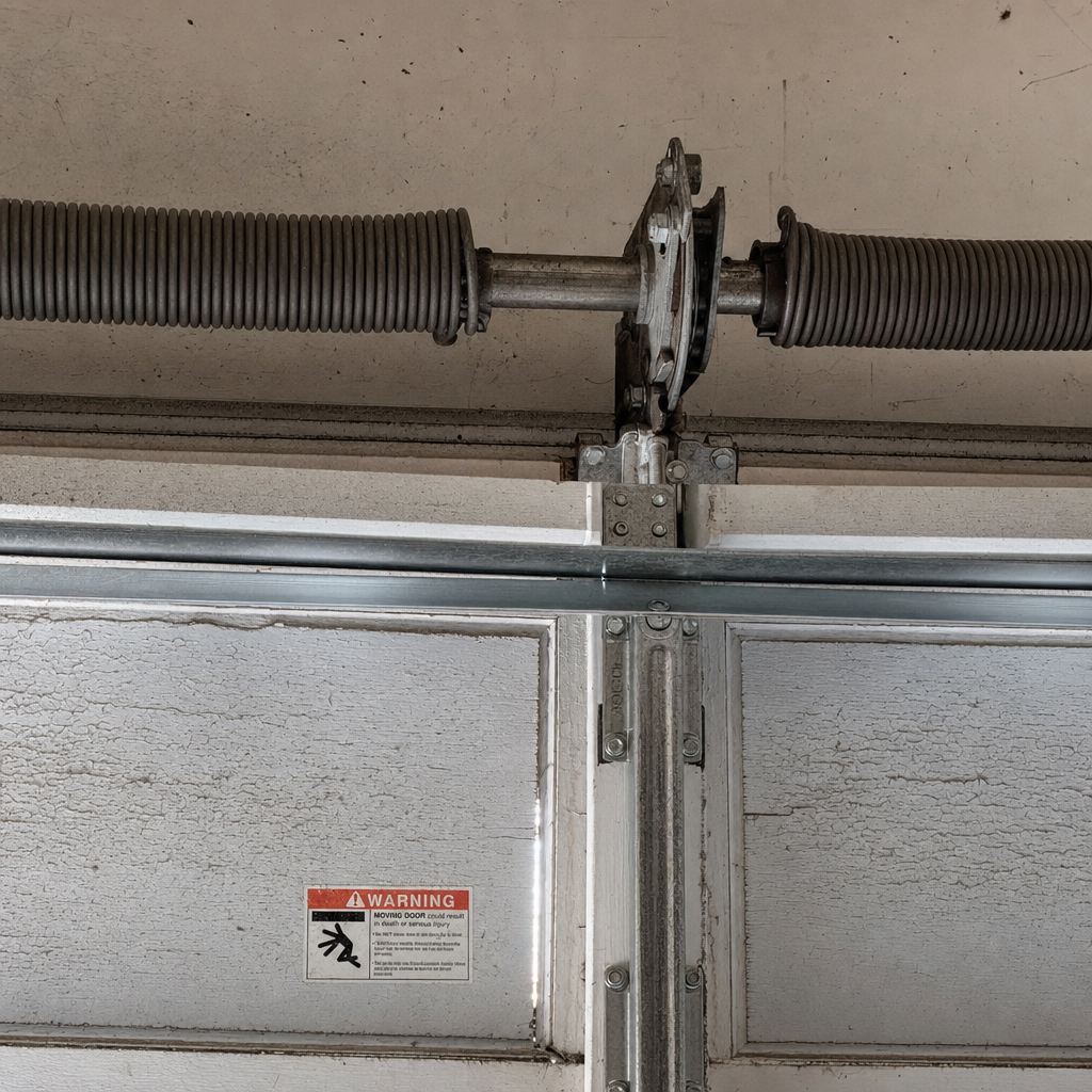 Close-up of garage door spring showing torsion spring coils and mounting